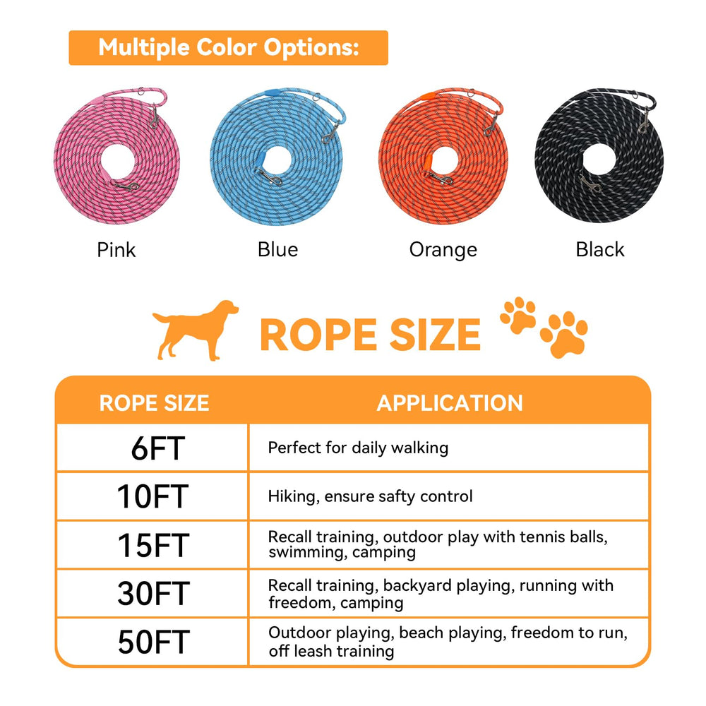 Laisse Tairro 50ft orange, longueur idéale pour espaces ouverts et jardin.