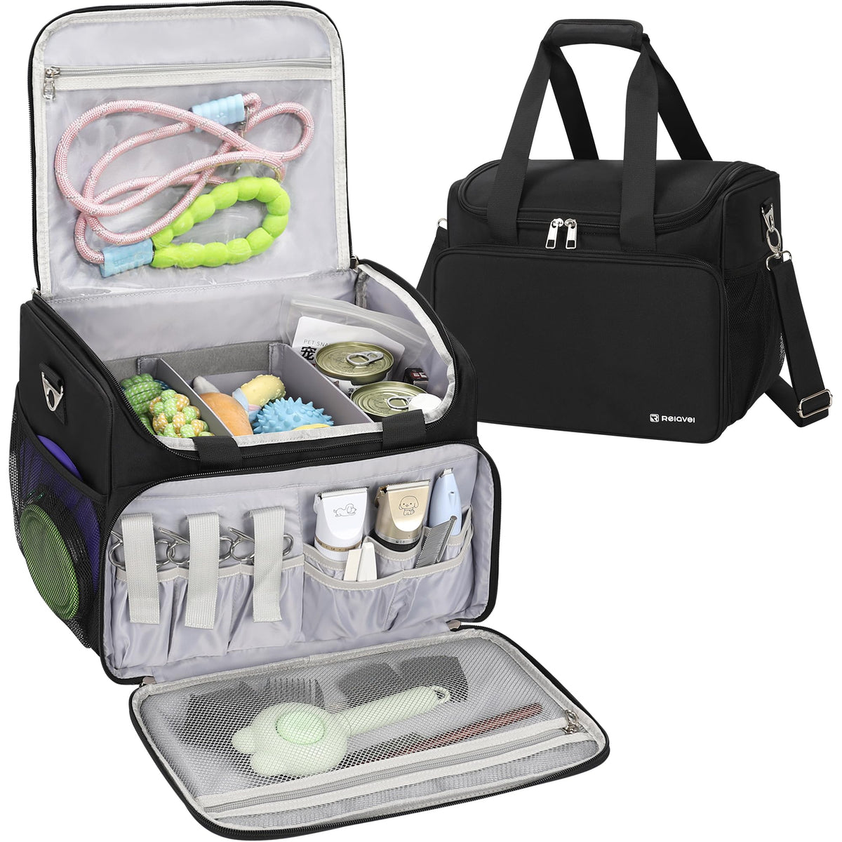 Sac Tanto toilettage noir extérieur, rangement pratique pour les déplacements.