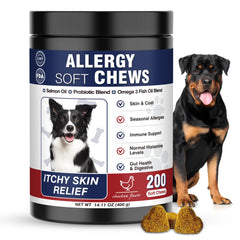 Taraxa bouchées allergie chien, bouteille ouverte, soutien doux pour peau et pelage.