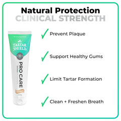 Tartar Shield Pro Care: ingrédients coco et miswak, parfum naturel et sans additifs artificiels.