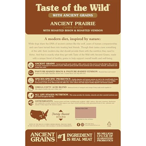 Taste of the Wild céréales anciennes et prairie: énergie naturelle et nutriments.
