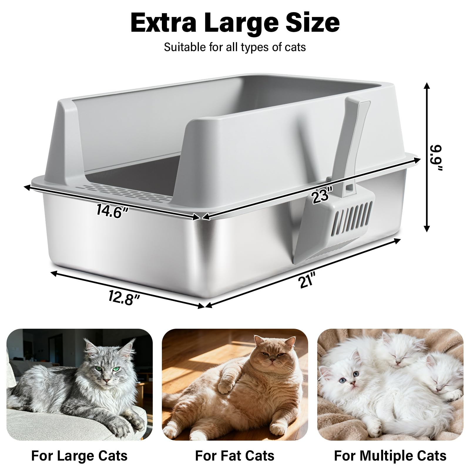 Litière en inox TATAANTY haute avec rebords élevés pour chats actifs et propreté durable.