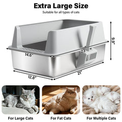 Litière en inox TATAANTY haute avec rebords élevés pour chats actifs et propreté durable.