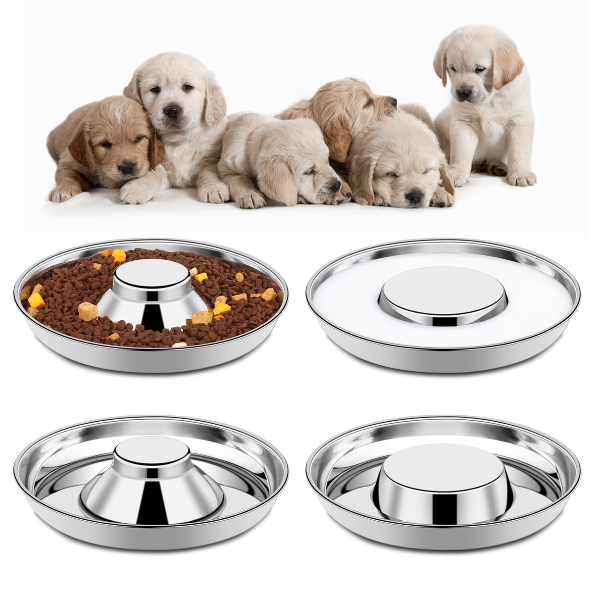 Bols chiot en acier inox Tchrules : ensemble 4 pièces, durable et hygiénique.