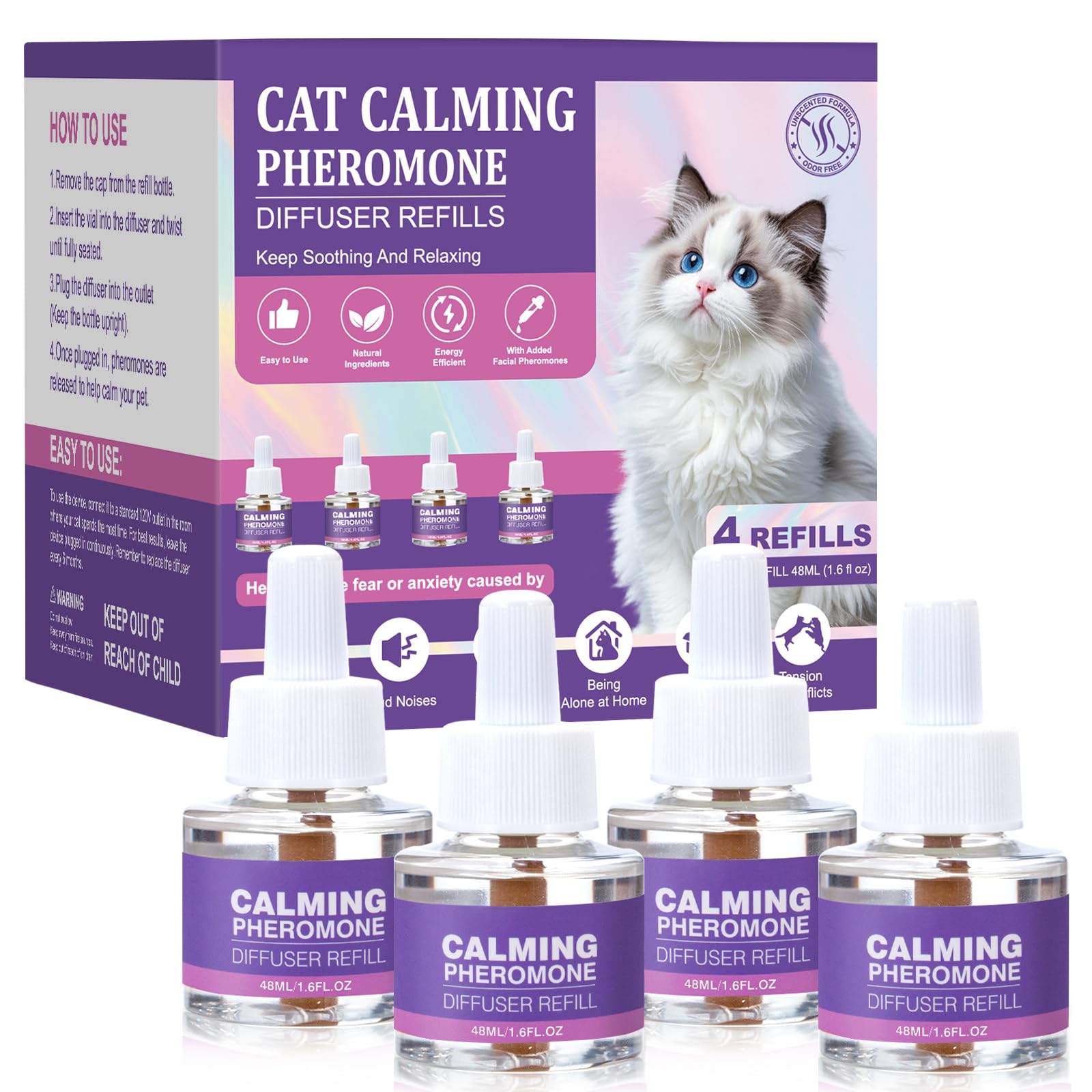 Tcllka diffuseur pheromone chat – remplissage 4-pack pour un foyer plus calme.