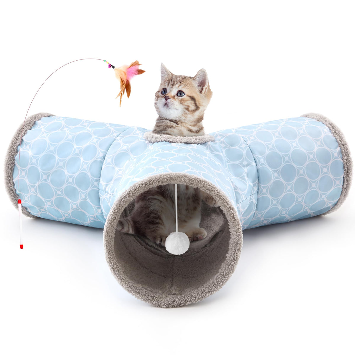 Tunnel Tempcore pour chat bleu à 3 voies, stimule l'exercice et la curiosité.