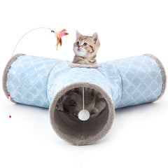 Tunnel Tempcore pour chat bleu à 3 voies, stimule l'exercice et la curiosité.