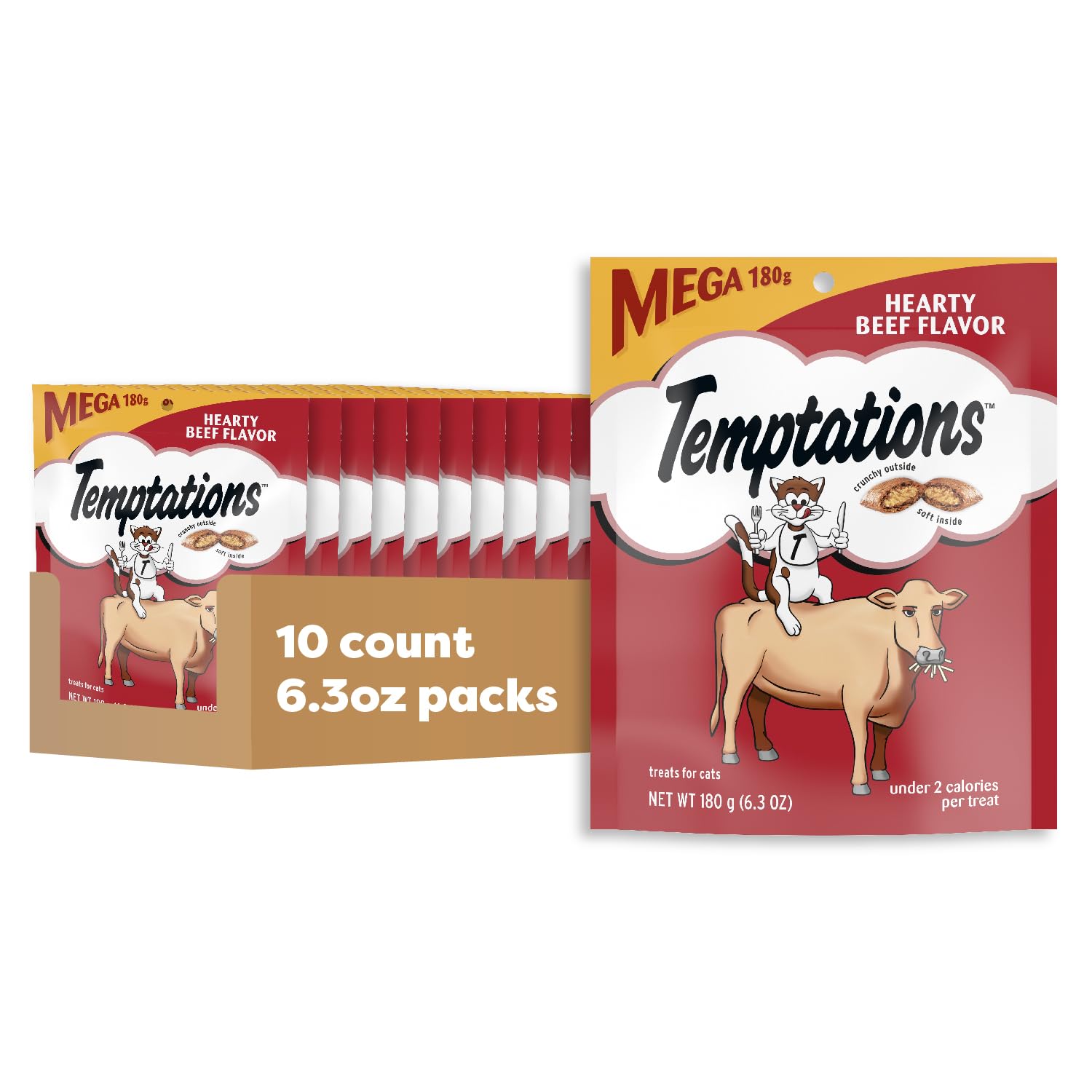 Temptations chat boeuf, sachet 6-3oz, friandise croustillante et moelleuse.
