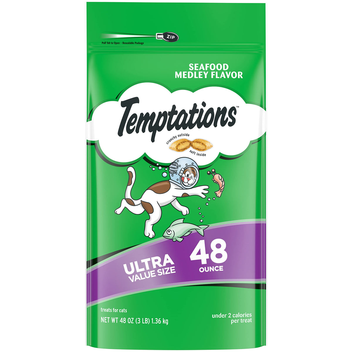 Temptations chat croquant-doux mer médley dans un seau hermetique, snack appétissant pour chat adulte.