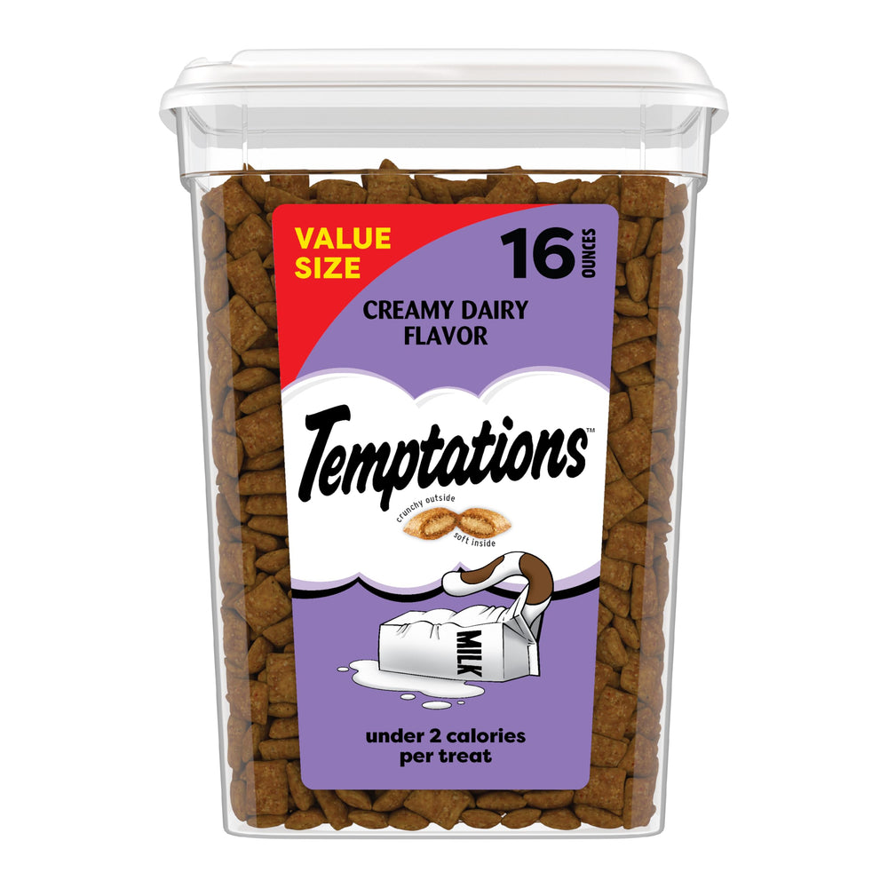 Temptations Chat croquant et doux, saveur crème lait, récompense quotidienne.