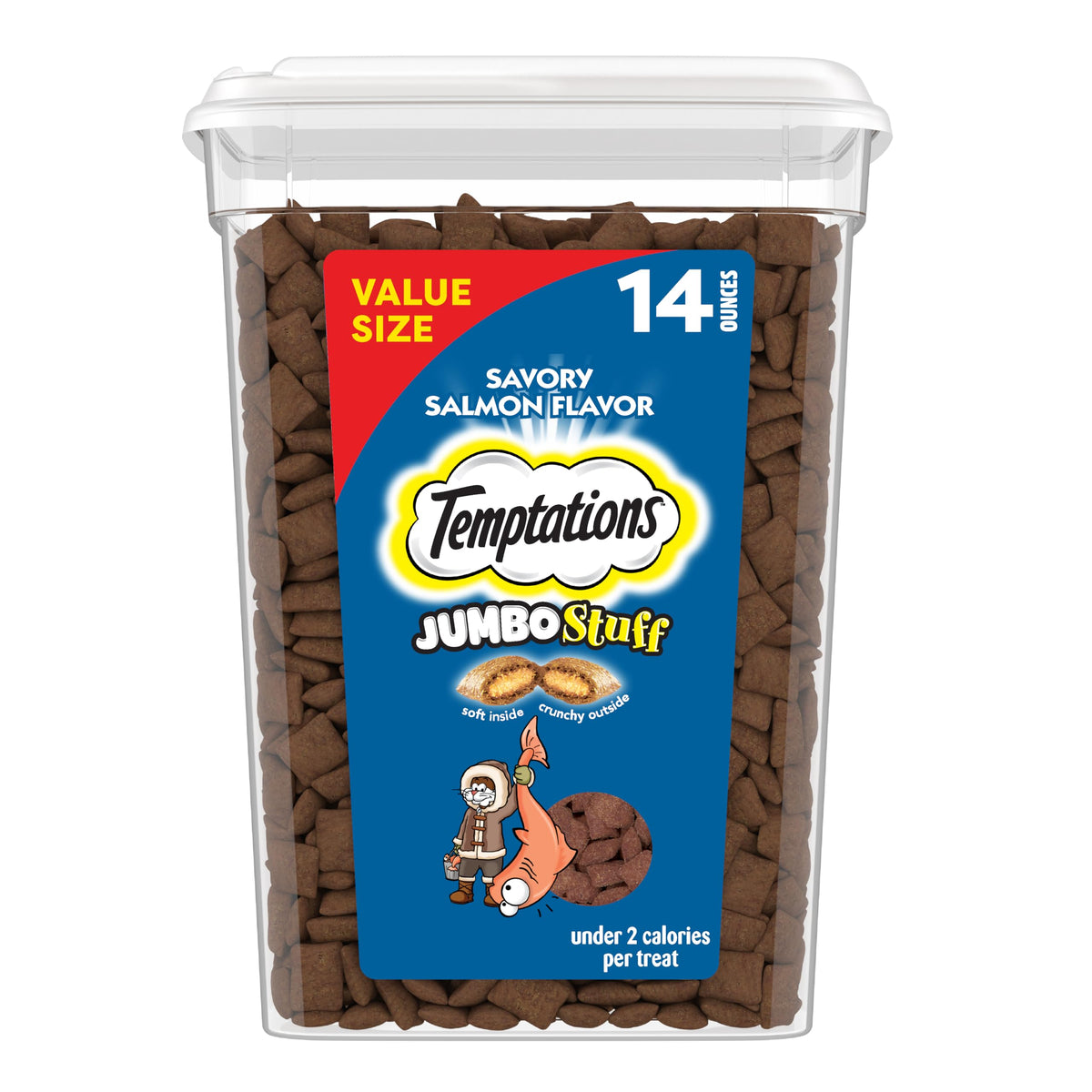 Temptations: friandises saumon croquant extérieur et moelleux intérieur pour chats.
