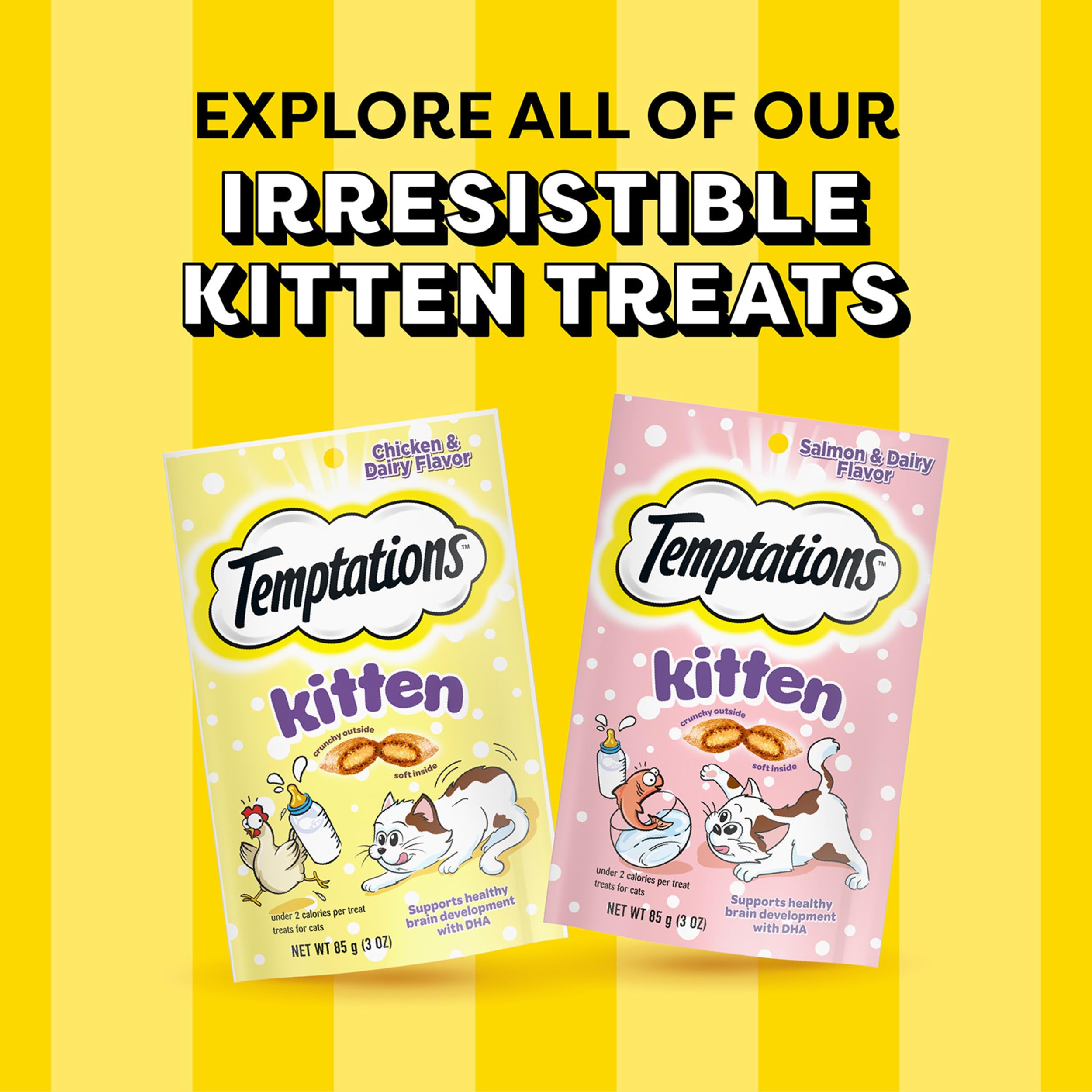 Temptations Chaton gourmandise légère au lait, parfaite comme récompense quotidienne avec DHA.