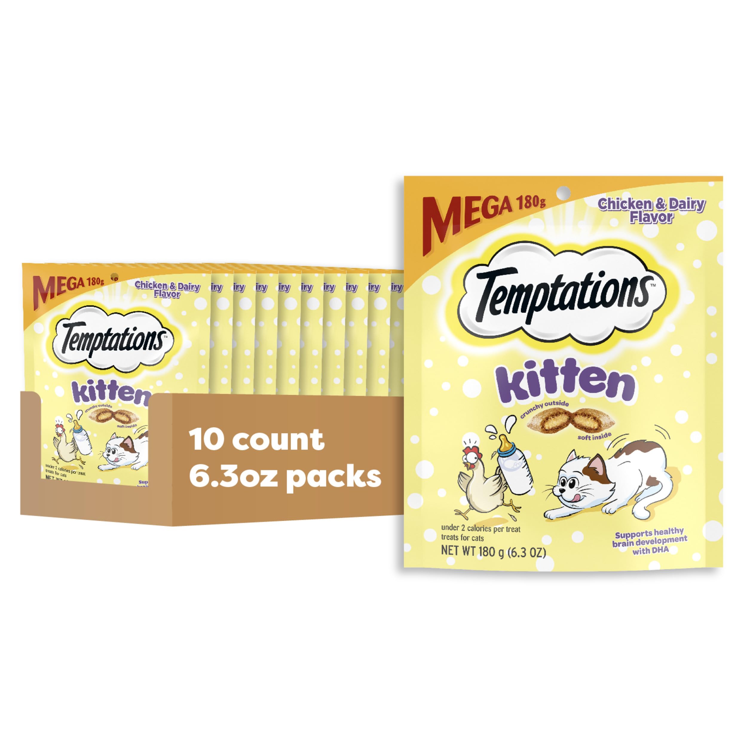 Temptations Chaton – paquet ouvert montrant les friandises croustillantes et moelleuses pour récompense.