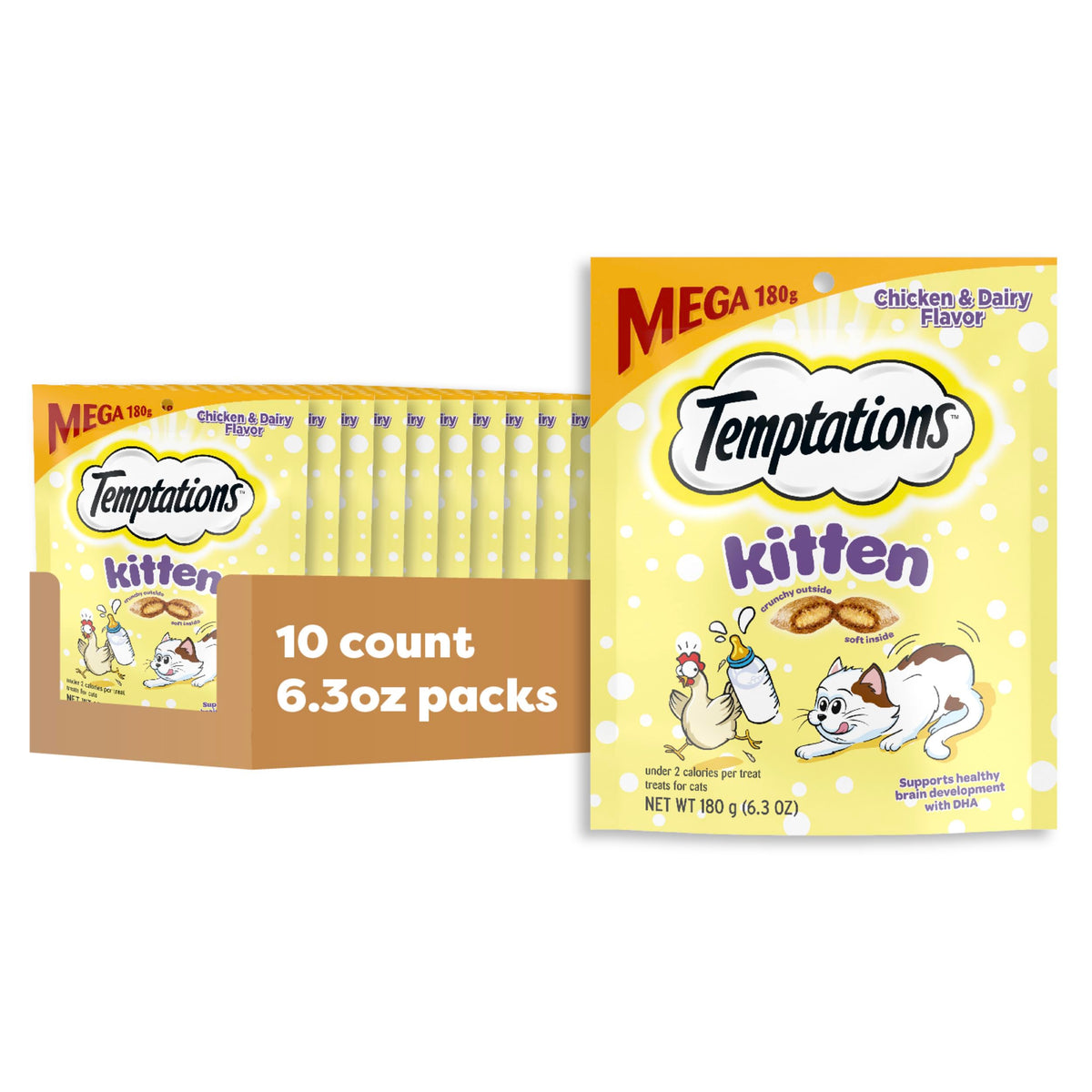 Temptations Chaton – paquet ouvert montrant les friandises croustillantes et moelleuses pour récompense.