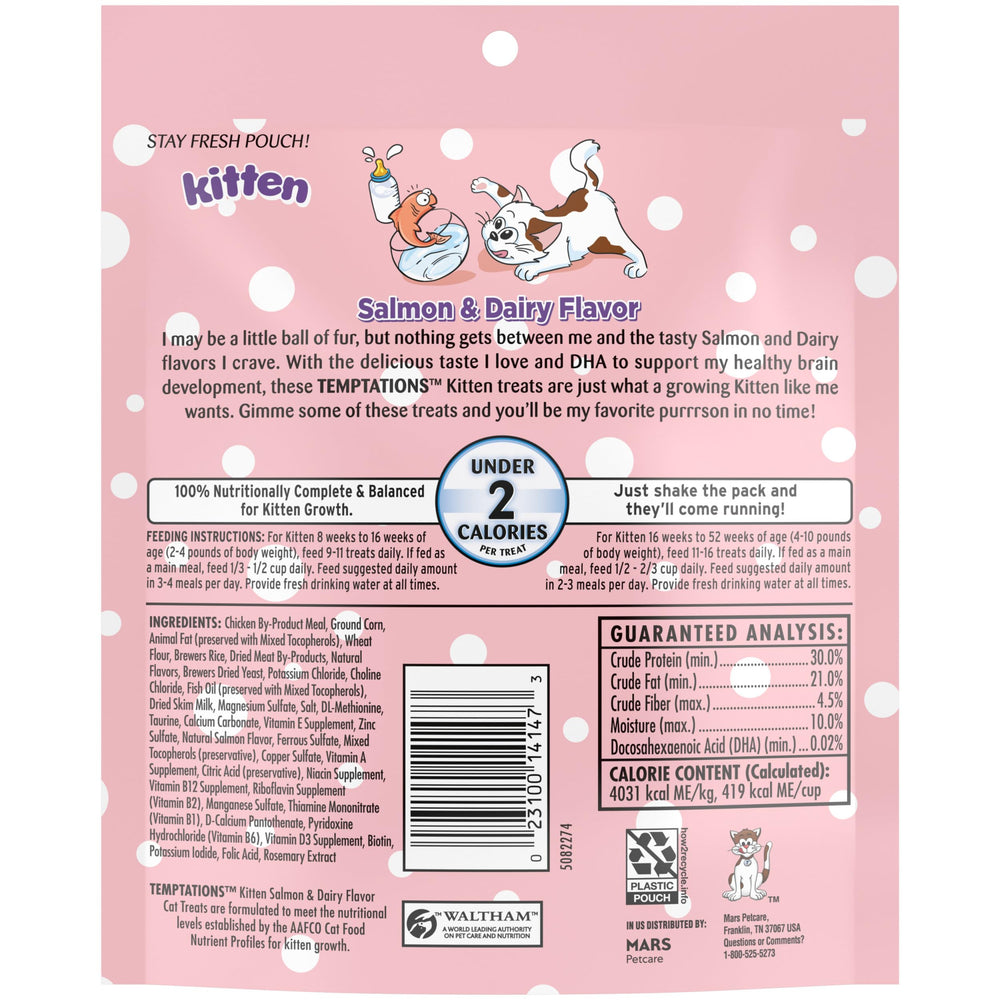 Temptations Chaton goût lait, croquant et douceur en bouche dans un sachet.