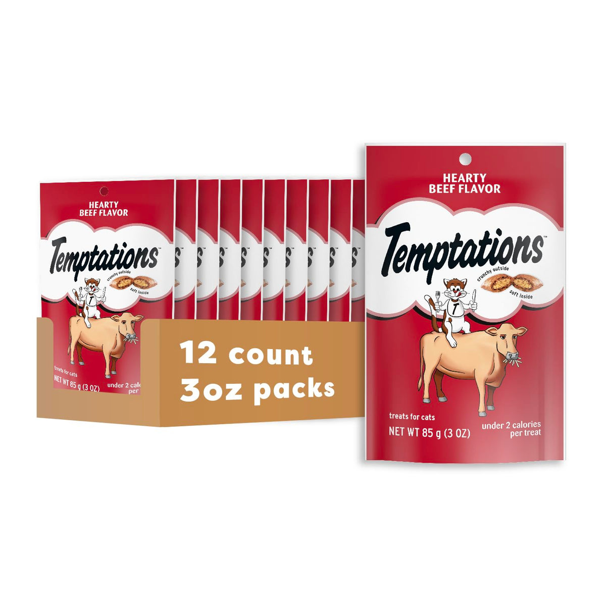 Temptations friandises pour chats: croquant extérieur et cœur tendre, récompense quotidienne.