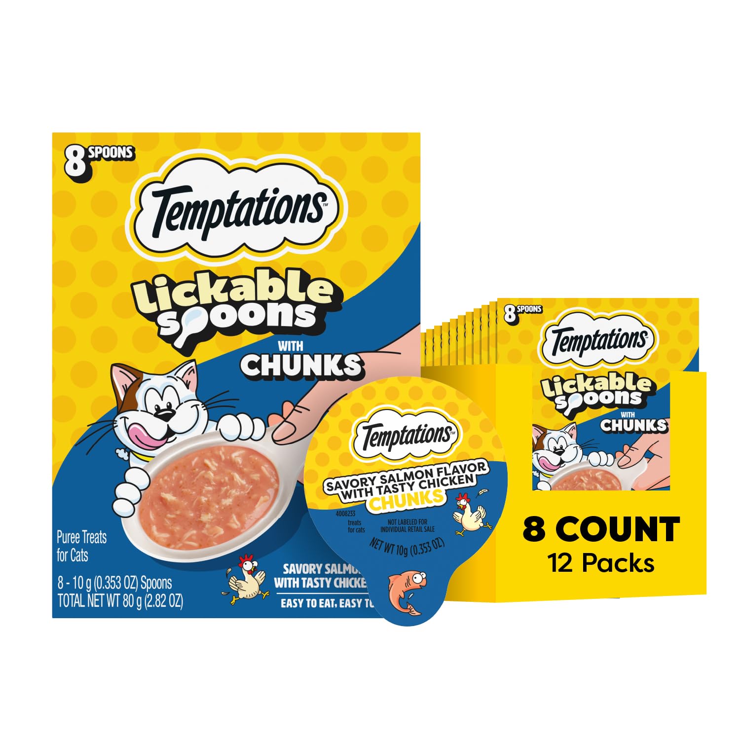Temptations cuillères léchables saumon et poulet, portion pratique pour récompense sans dégâts.