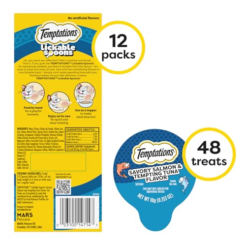 Boîte Temptations lot de 12 cuillères à lécher pour chats, pratique.