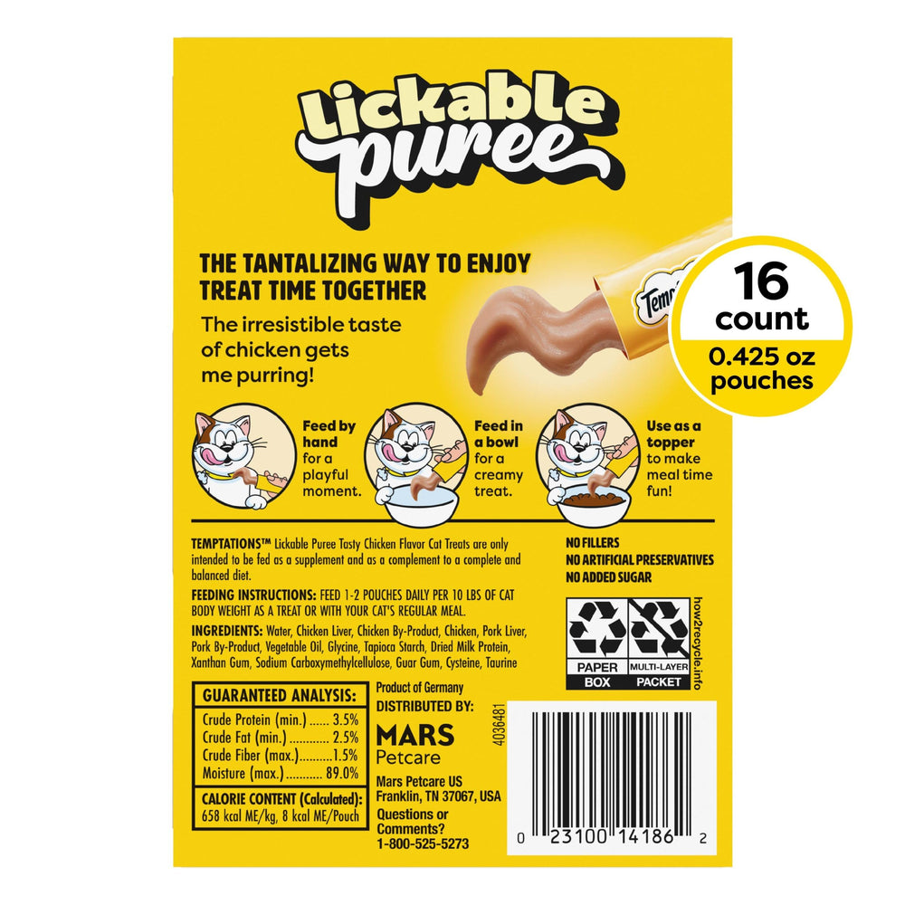 Friandises Temptations au poulet, texture crémeuse parfaite à partager avec votre chat.