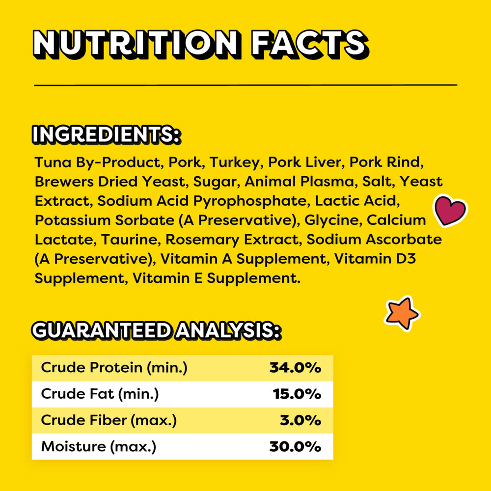 Temptations : bouchées moelleuses au thon, faible calories par friandise.