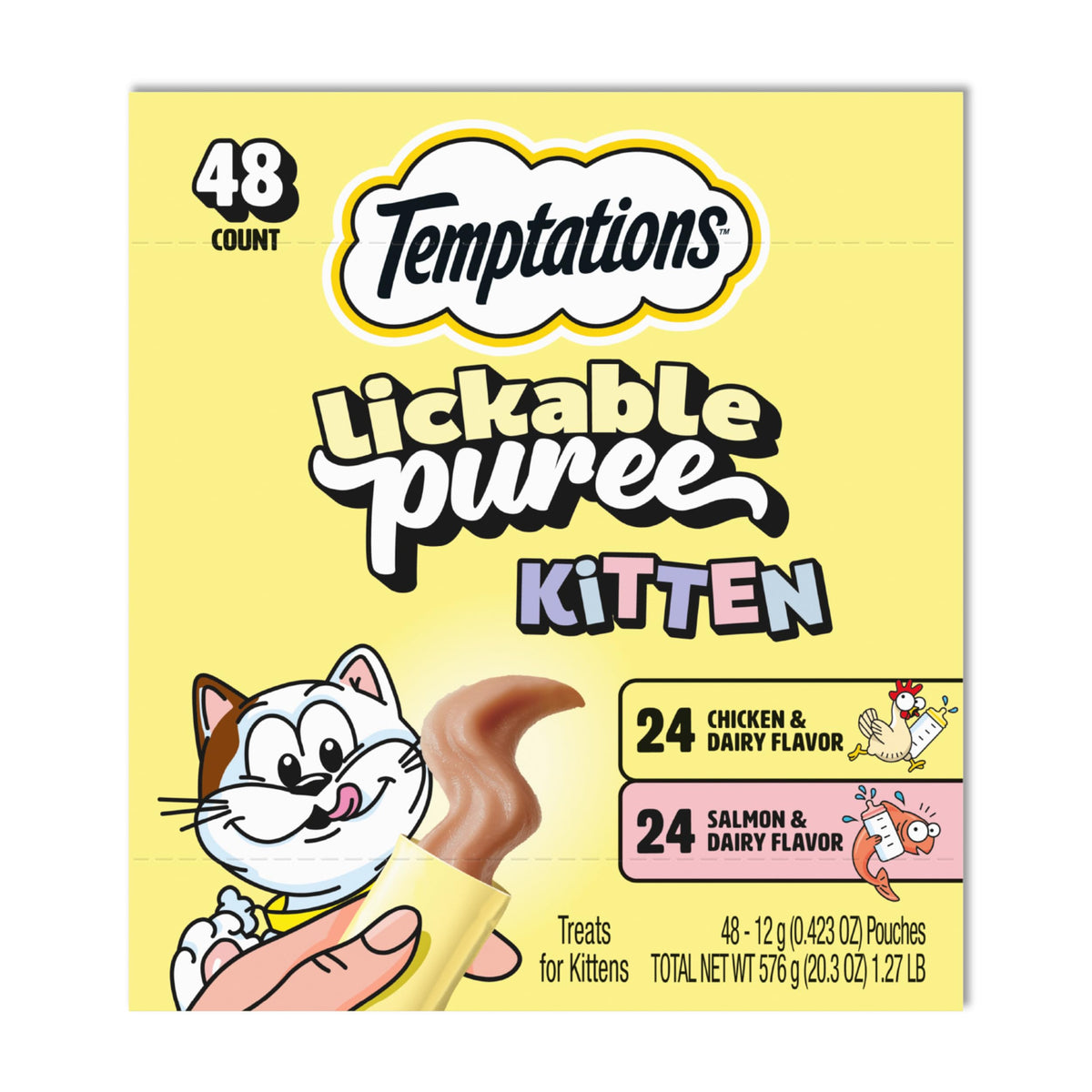 Temptations Purée chatons – sachets poulet et saumon, texture crémeuse facilitant la dégustation