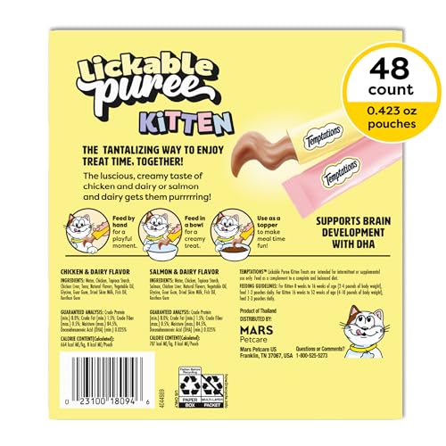 Temptations Purée chatons – sachets poulet et saumon, haute humidité pour l'hydratation