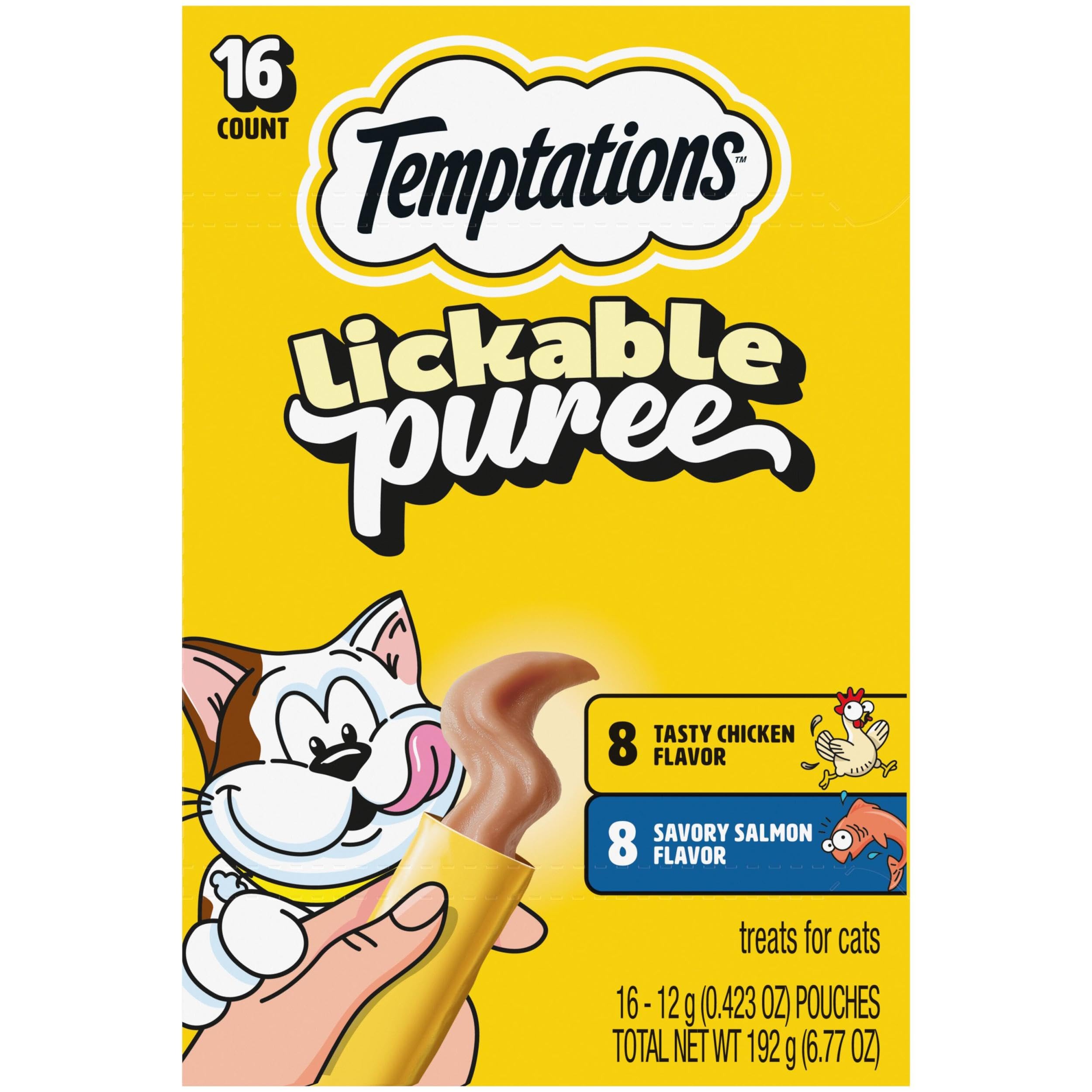 Friandise Temptations Purée Crèmeuse saumon en tube pour chat, texture irrésistible.