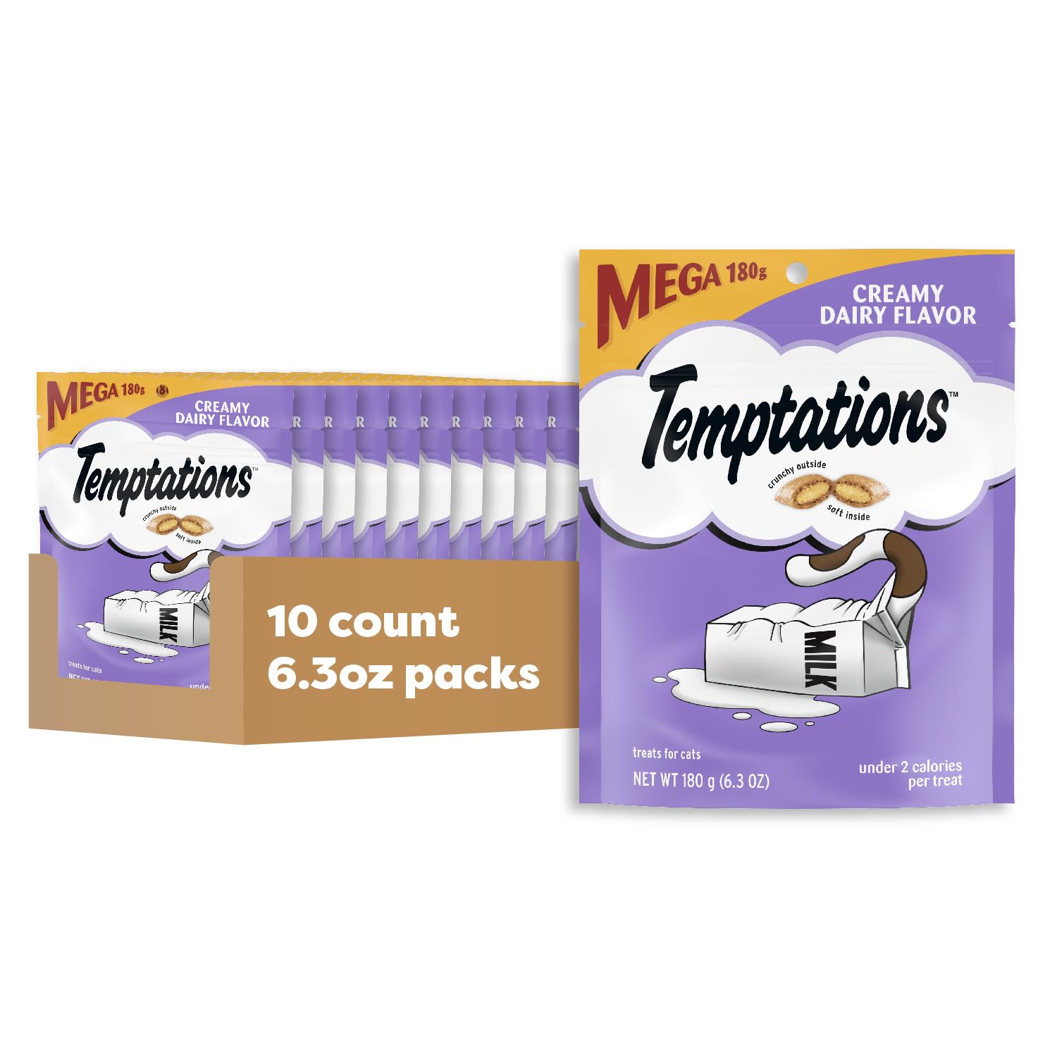 Temptations friandises pour chats, croquant extérieur et moelleux intérieur, goût lait creme.