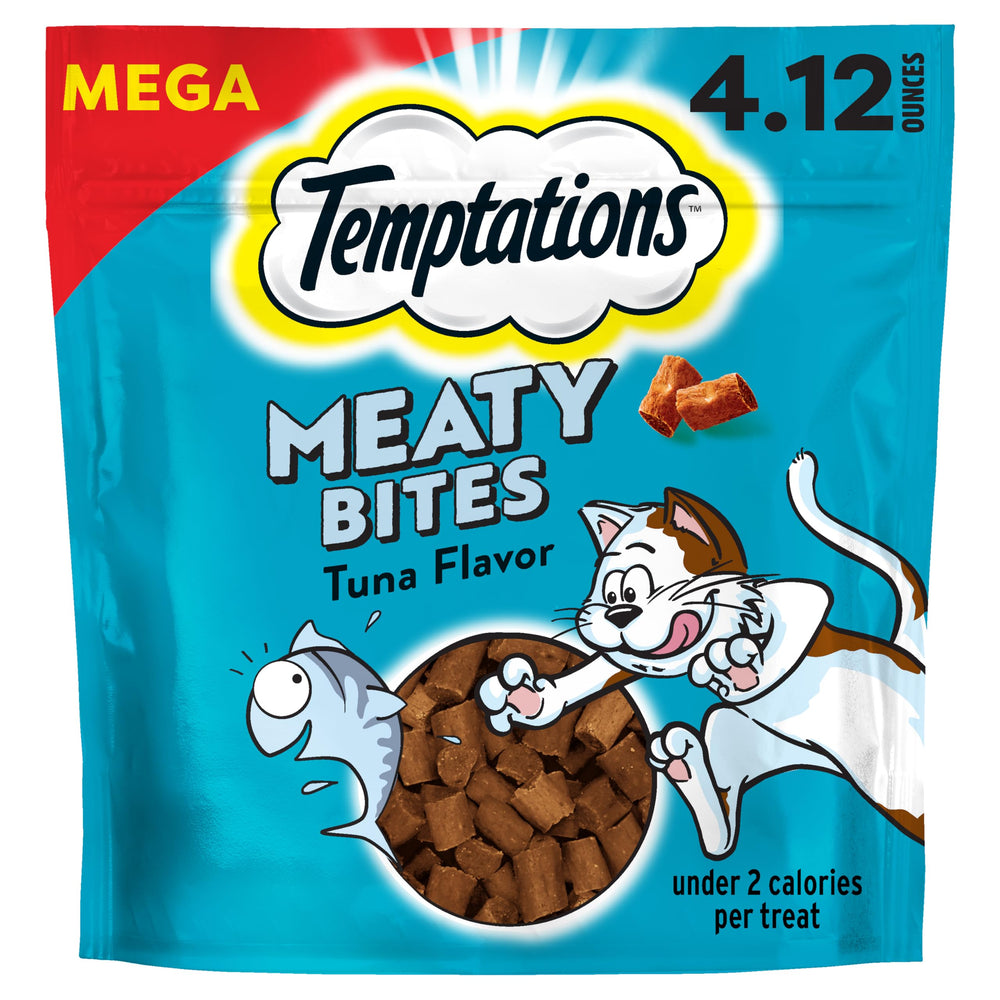 Friandise Temptations : morceaux carnés au thon, sachet refermable pour fraîcheur durable.