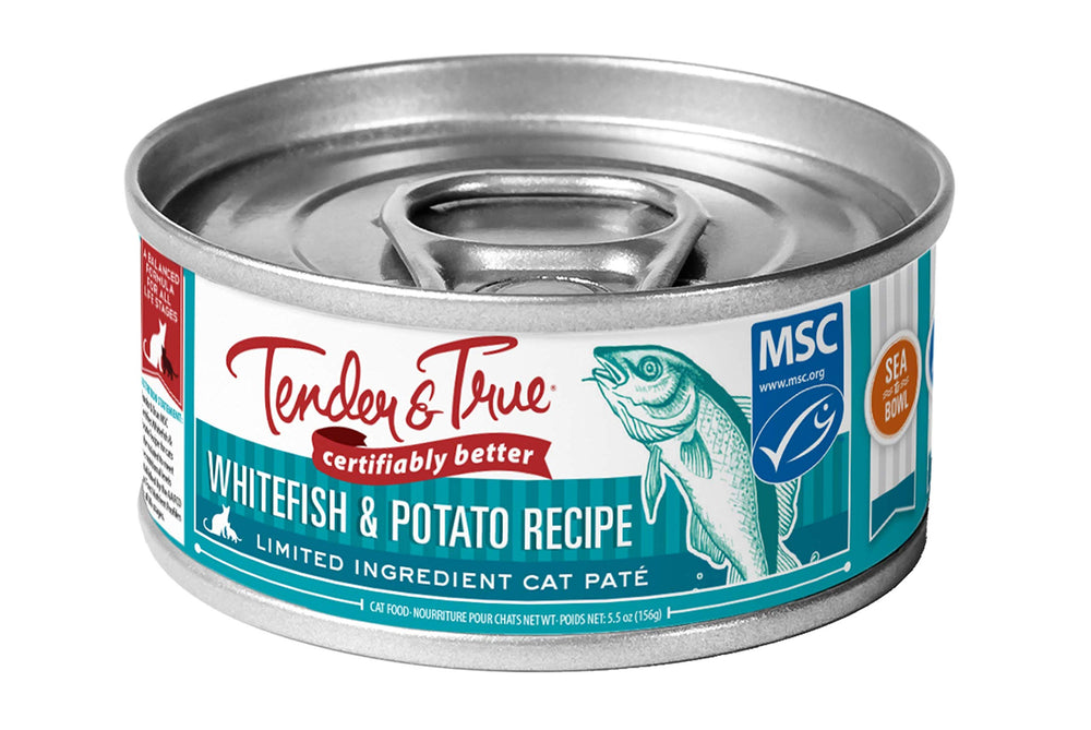 Tender & True boîte océan poisson blanc et pomme de terre, repas pratique pour chats.