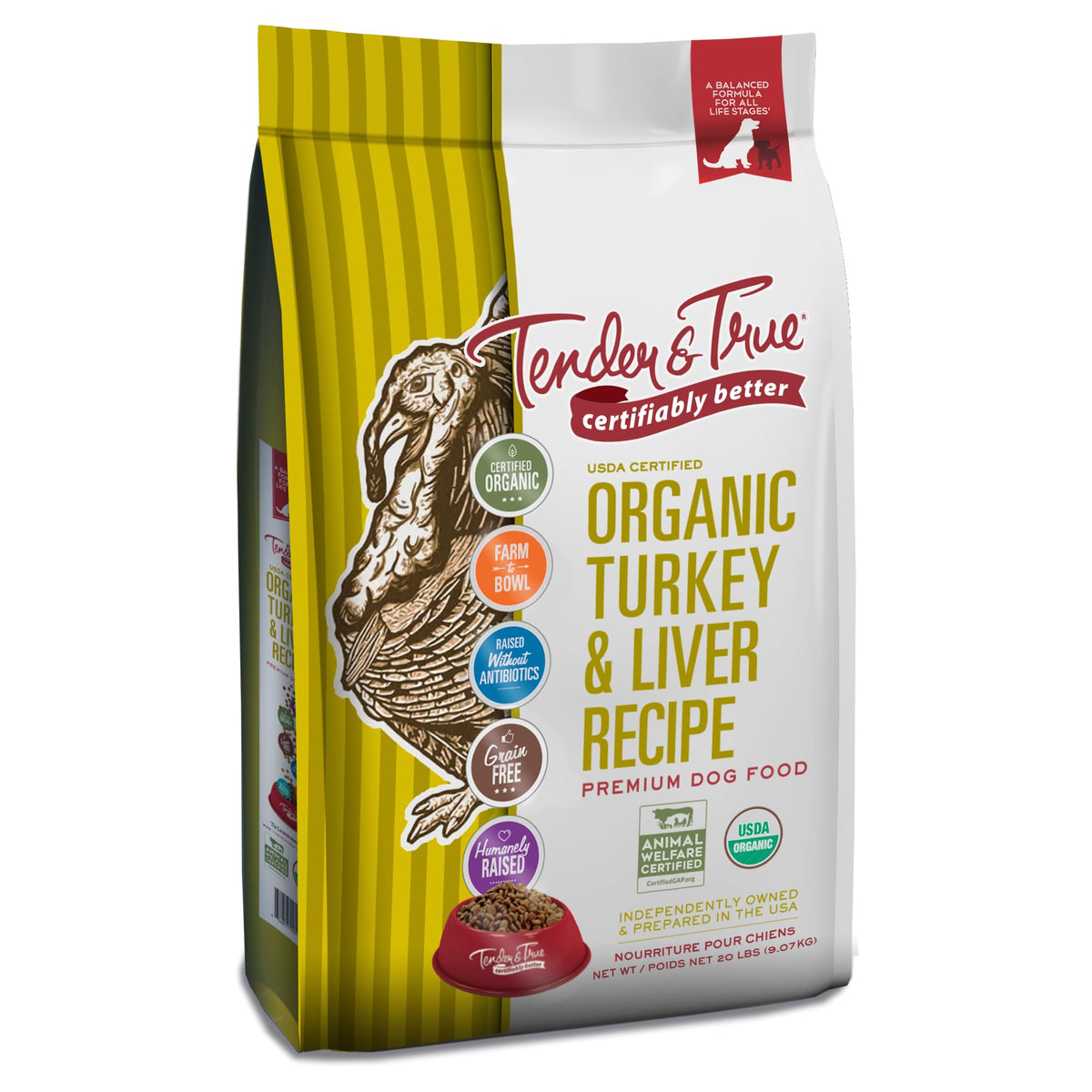 Tender & True Dinde libre de cage — emballage du produit, choix éthique.