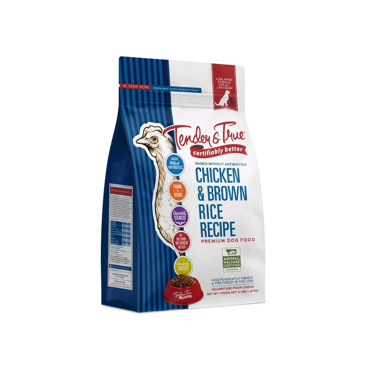 Nourriture Tender et True pour chien au poulet sans antibiotiques et riz brun.