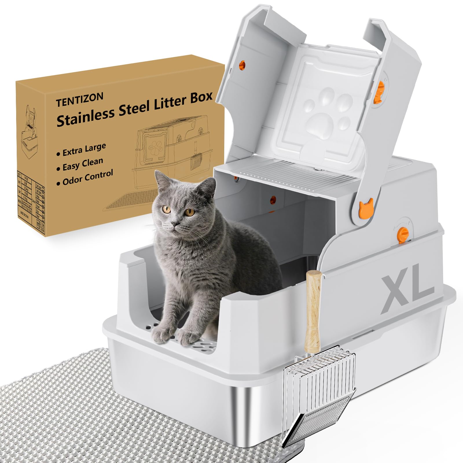 Litière Tentizon en acier inoxydable avec couvercle, durable et facile à nettoyer.