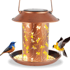Tepaken distributeur graines oiseaux avec lanterne solaire et libellule design pour jardin.