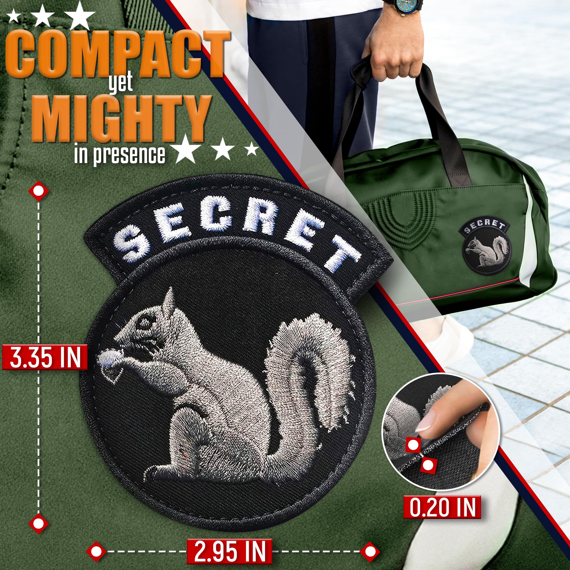 Insigne secret écureuil Tesorrio sur sac à dos, patch durable et réutilisable.