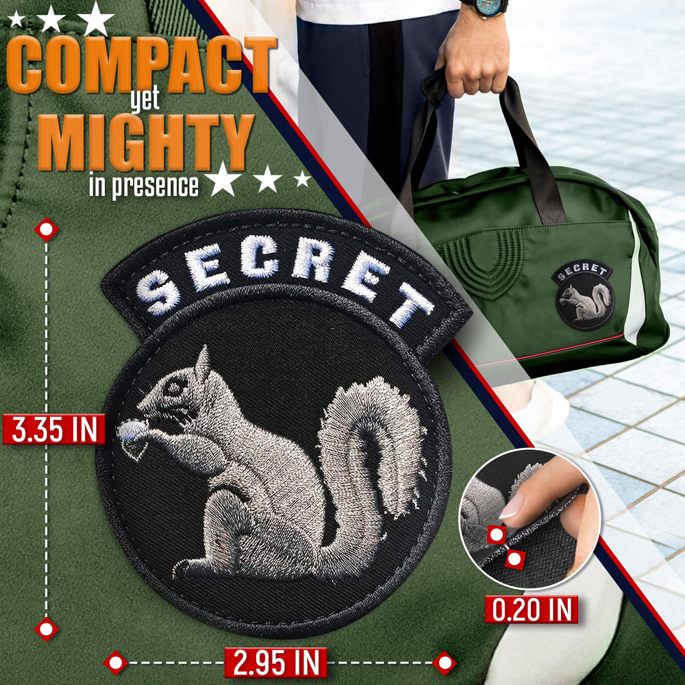 Insigne secret écureuil Tesorrio sur sac à dos, patch durable et réutilisable.