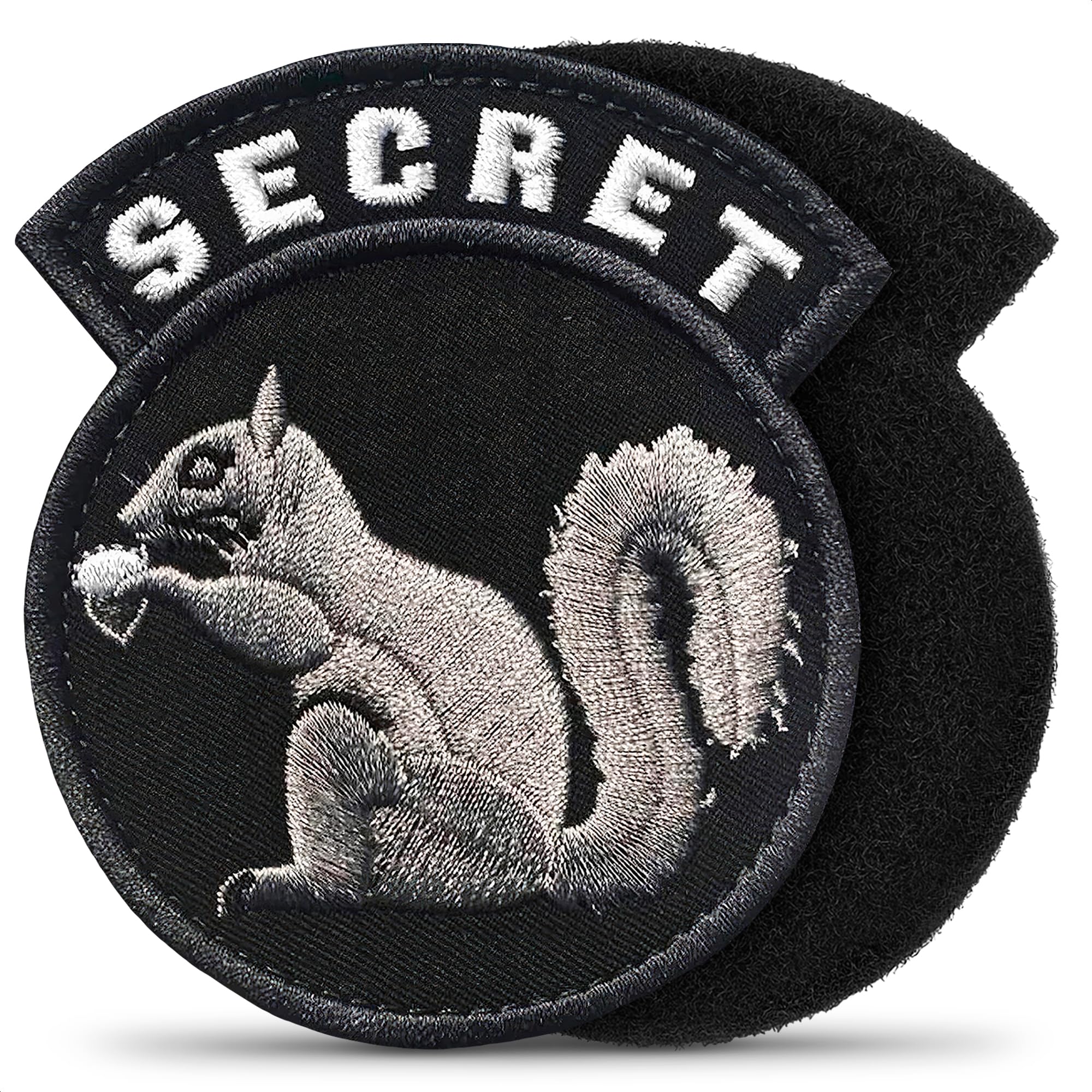 Insigne secret écureuil Tesorrio sur veste tactique, fixation facile au velcro.