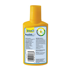 Étiquette Tetra AquaSafe Plus indiquant la neutralisation du chlore pour l'eau saine.