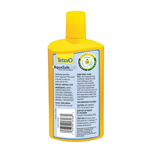 Tetra AquaSafe Plus – étiquette indiquant dosage et utilisation pour l’eau.