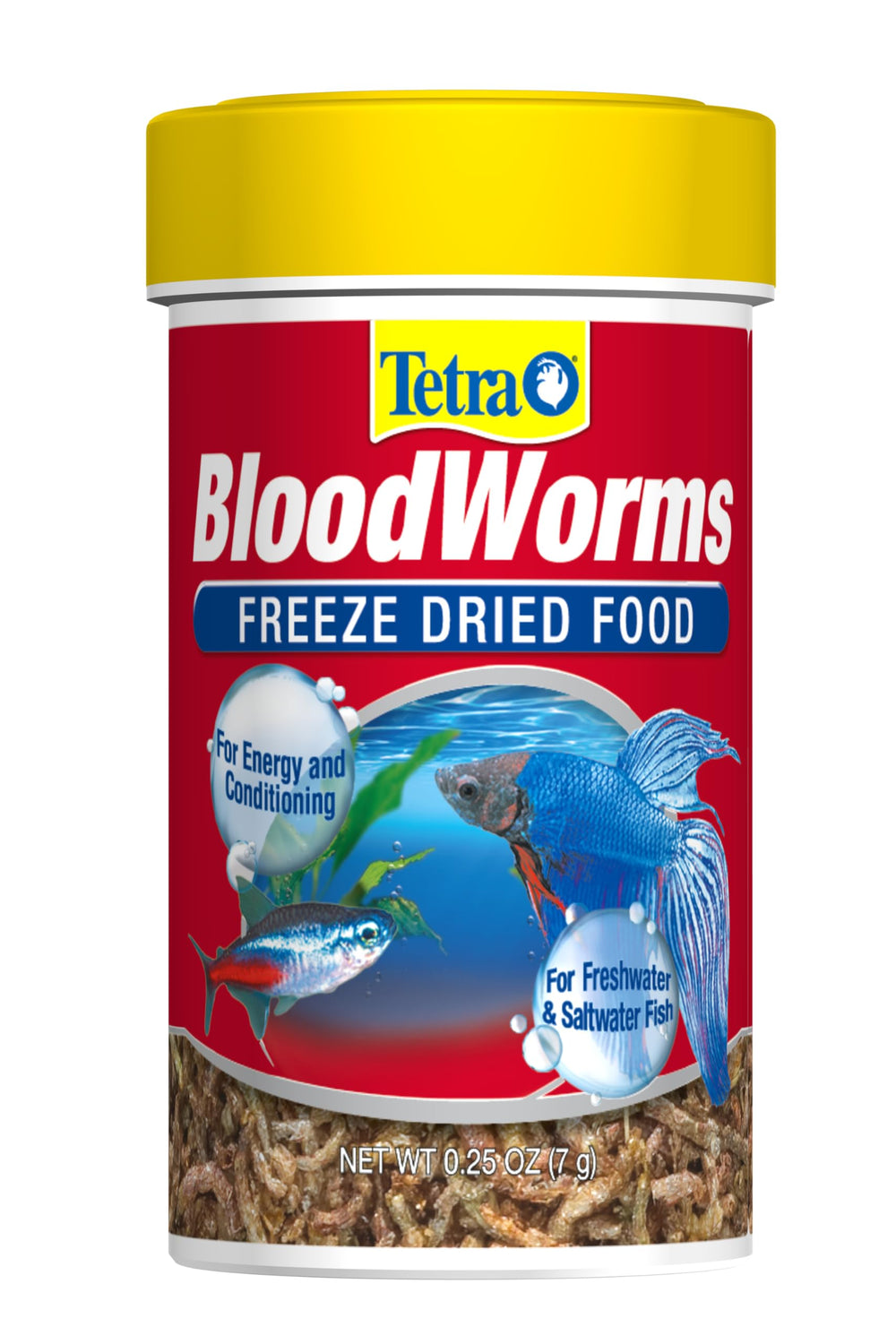 Tetra BloodWorms dans un bocal sécurisé prêt à nourrir vos poissons.