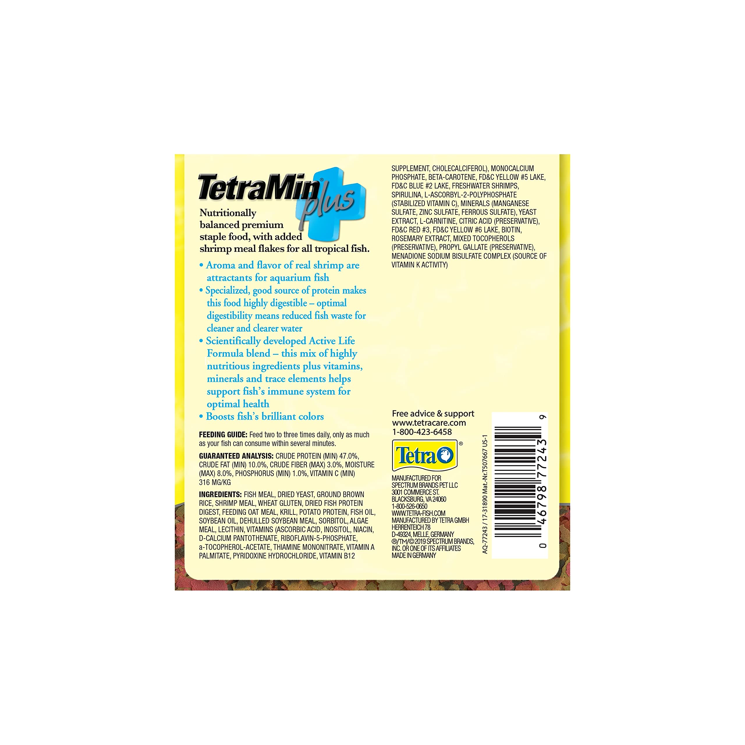 TetraMin Plus — flocons tropicaux avec crevettes naturelles, attractifs pour les poissons.
