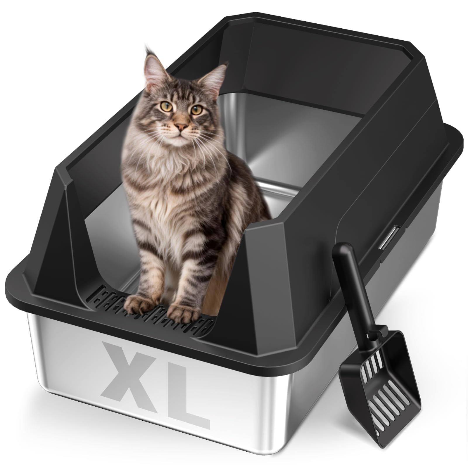 Tevila bac litière en inox XL avec rebords hauts idéal pour grands chats.