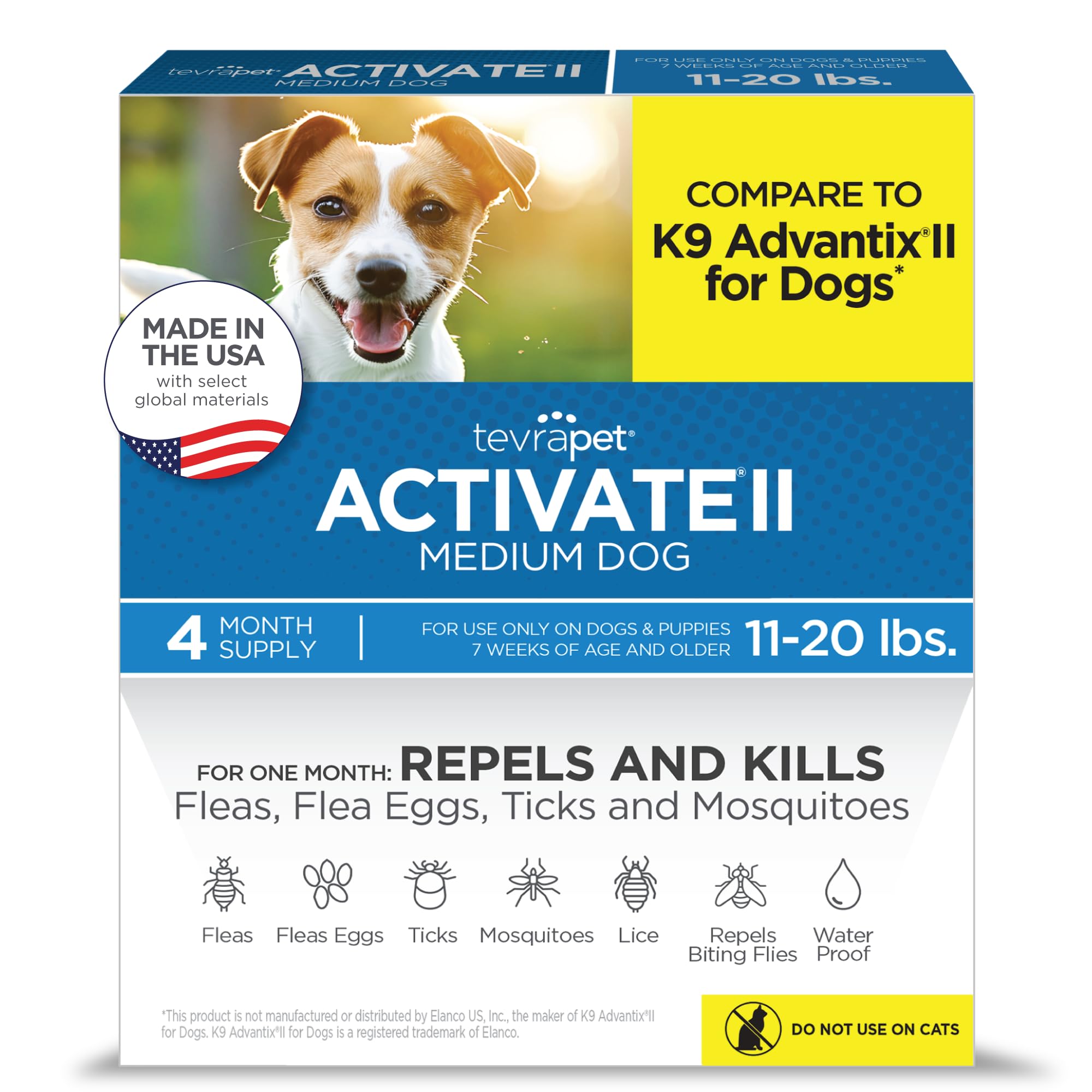 TevraPet Activate II – bouteille montrant prévention puces et tiques.