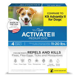TevraPet Activate II – bouteille montrant prévention puces et tiques.