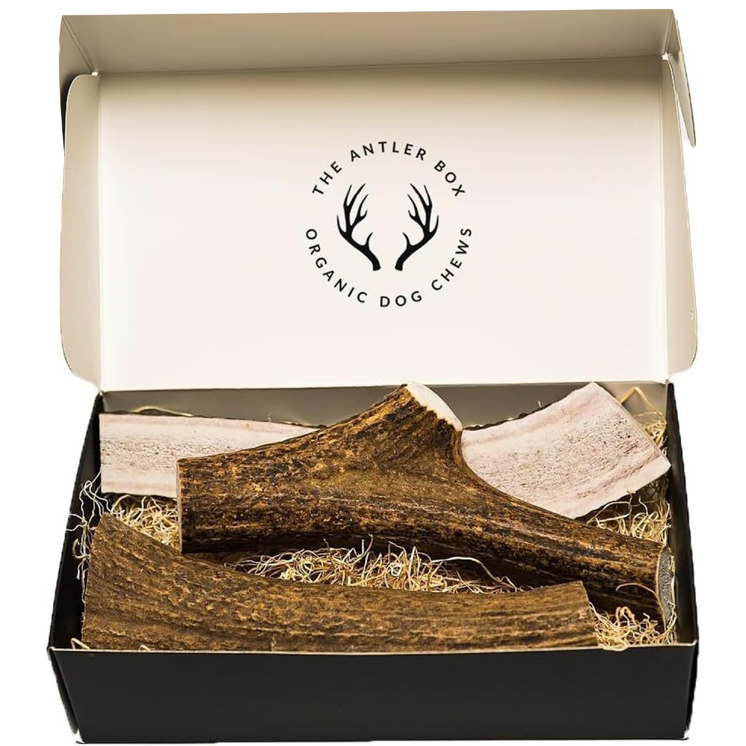THE ANTLER BOX – cornes d'élan coupées, portions adaptées pour chiens actifs.