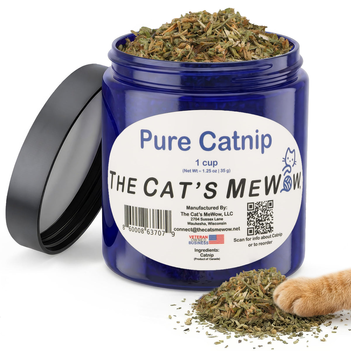 The Cat's MeWow: bocal étanche préserve le catnip pour une fraîcheur durable.