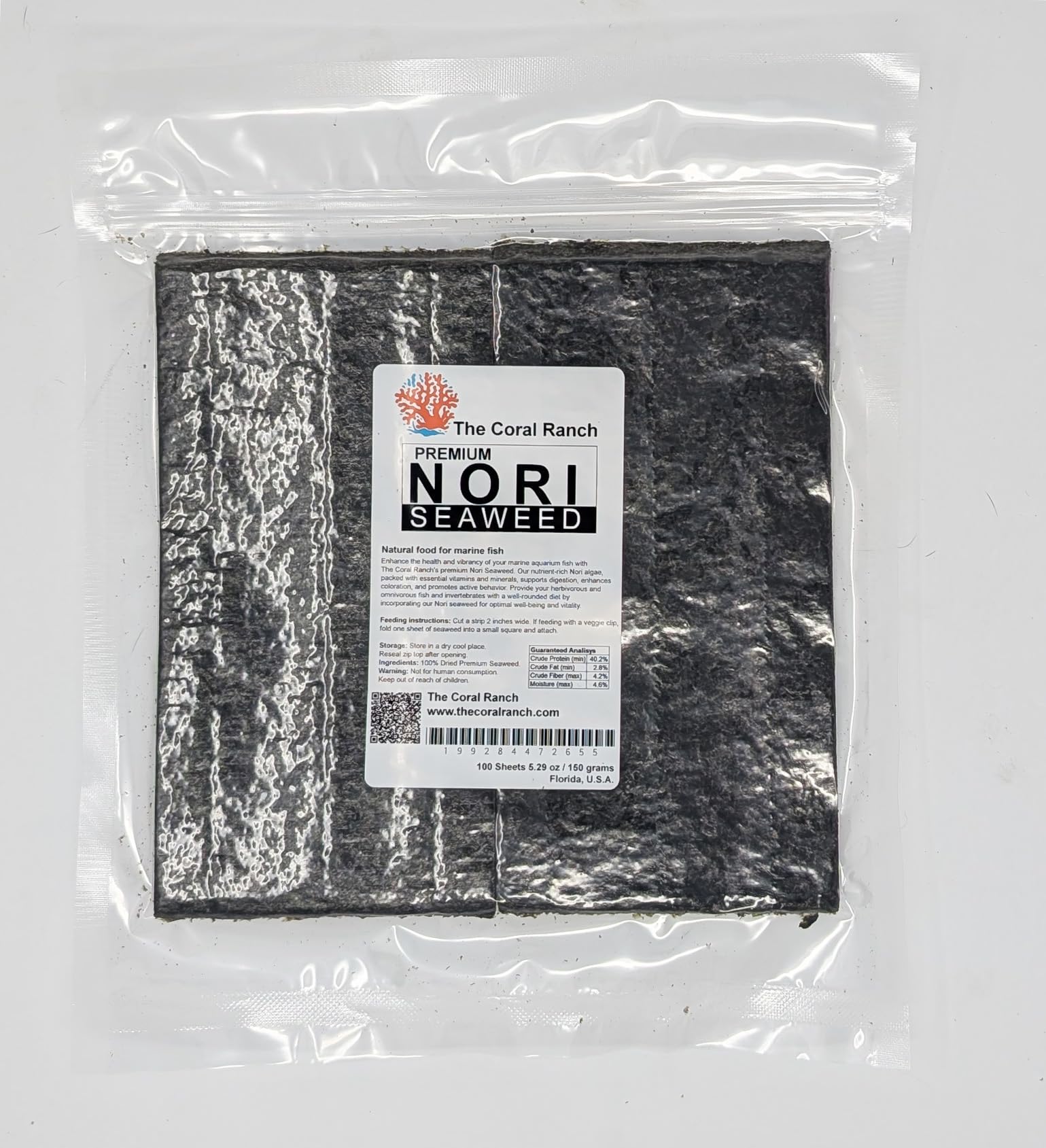 The Coral Ranch Nori algue – Feuilles de nori visibles, soutien à la digestion et à la couleur des poissons.