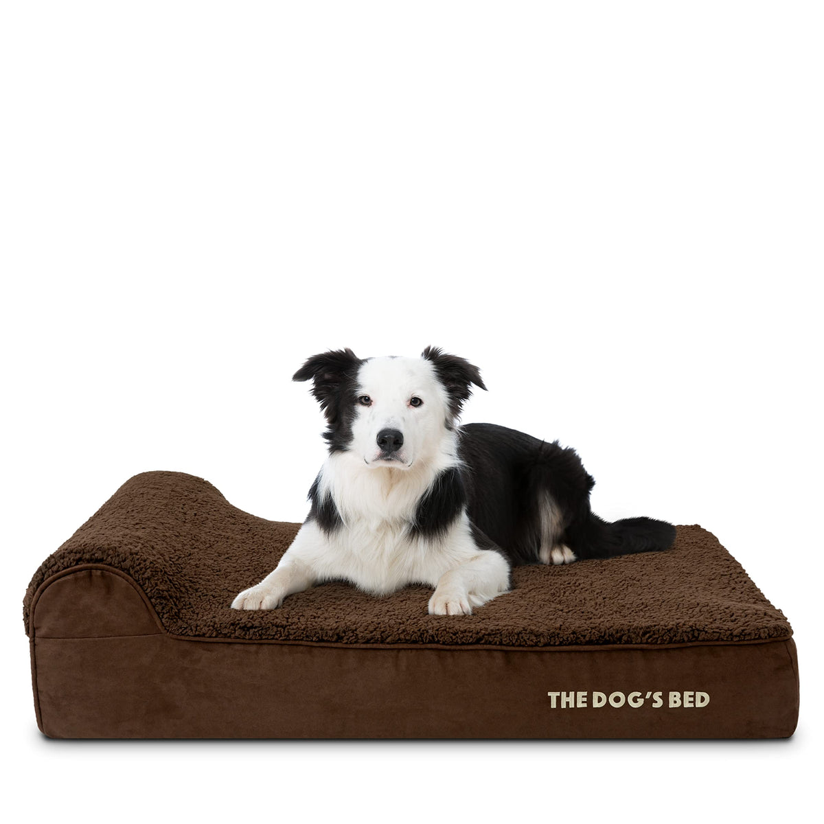 The Dog's Bed lit orthopédique avec dossier brun peluche et mousse à mémoire.