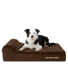The Dog's Bed lit orthopédique avec dossier brun peluche et mousse à mémoire.