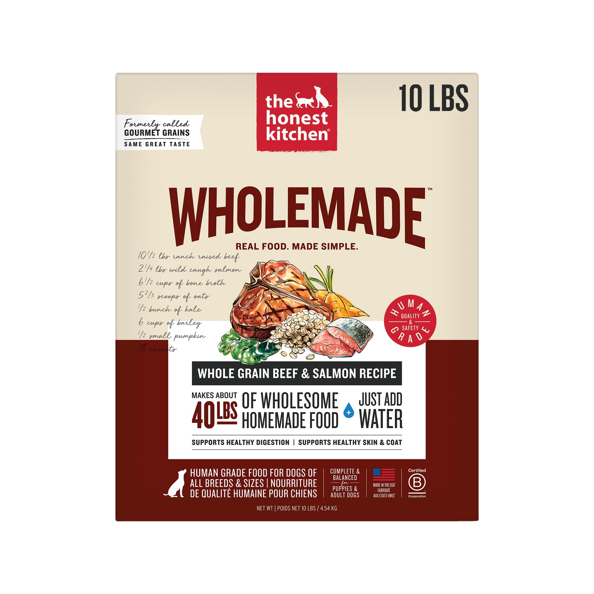 The Honest Kitchen alimentation déshydratée, bol appétissant avec boeuf et saumon pour repas équilibré.